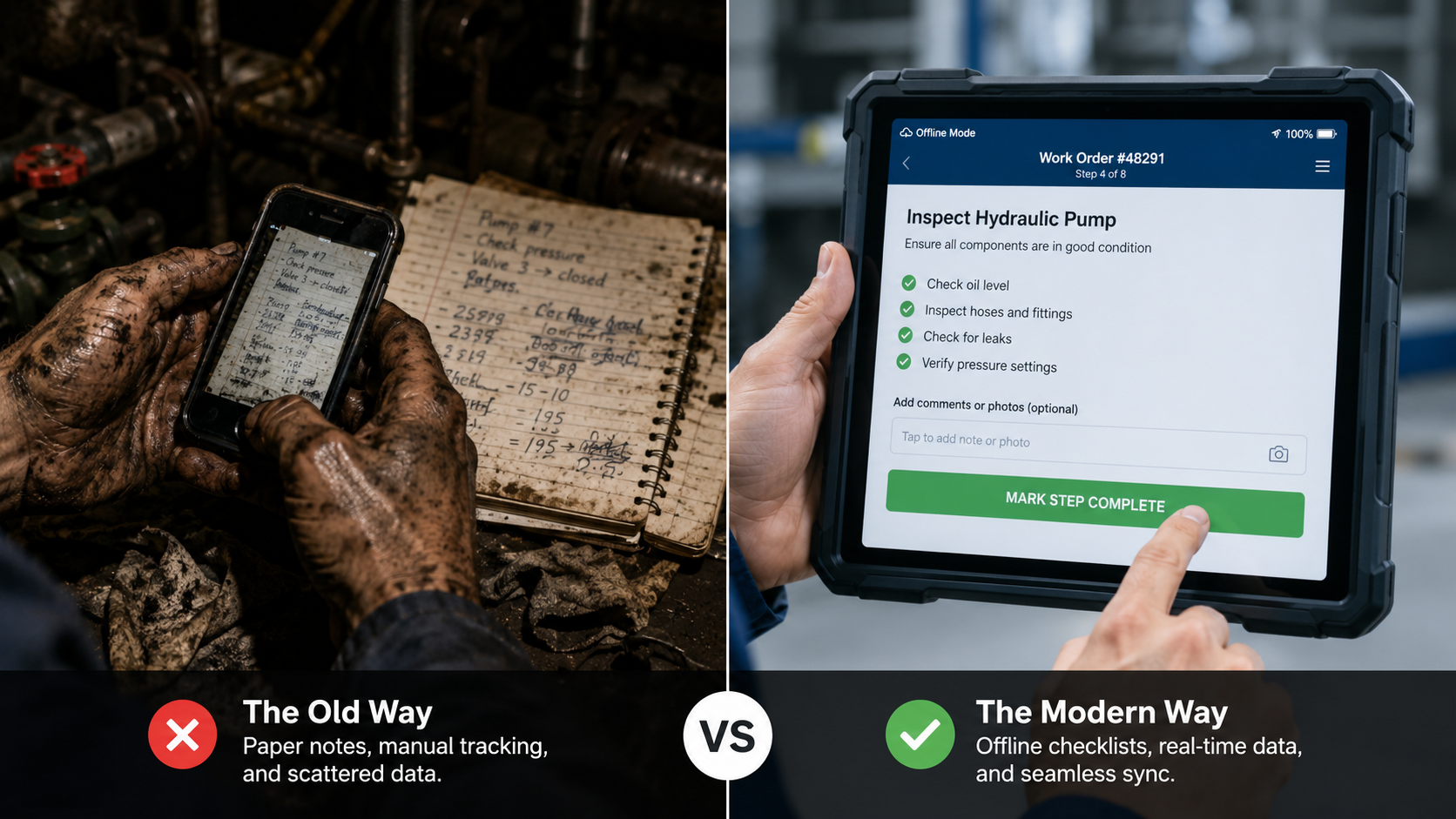 The old way versus the modern way of field service: paper notes and manual tracking compared with an offline mobile checklist that syncs to SAP in real time