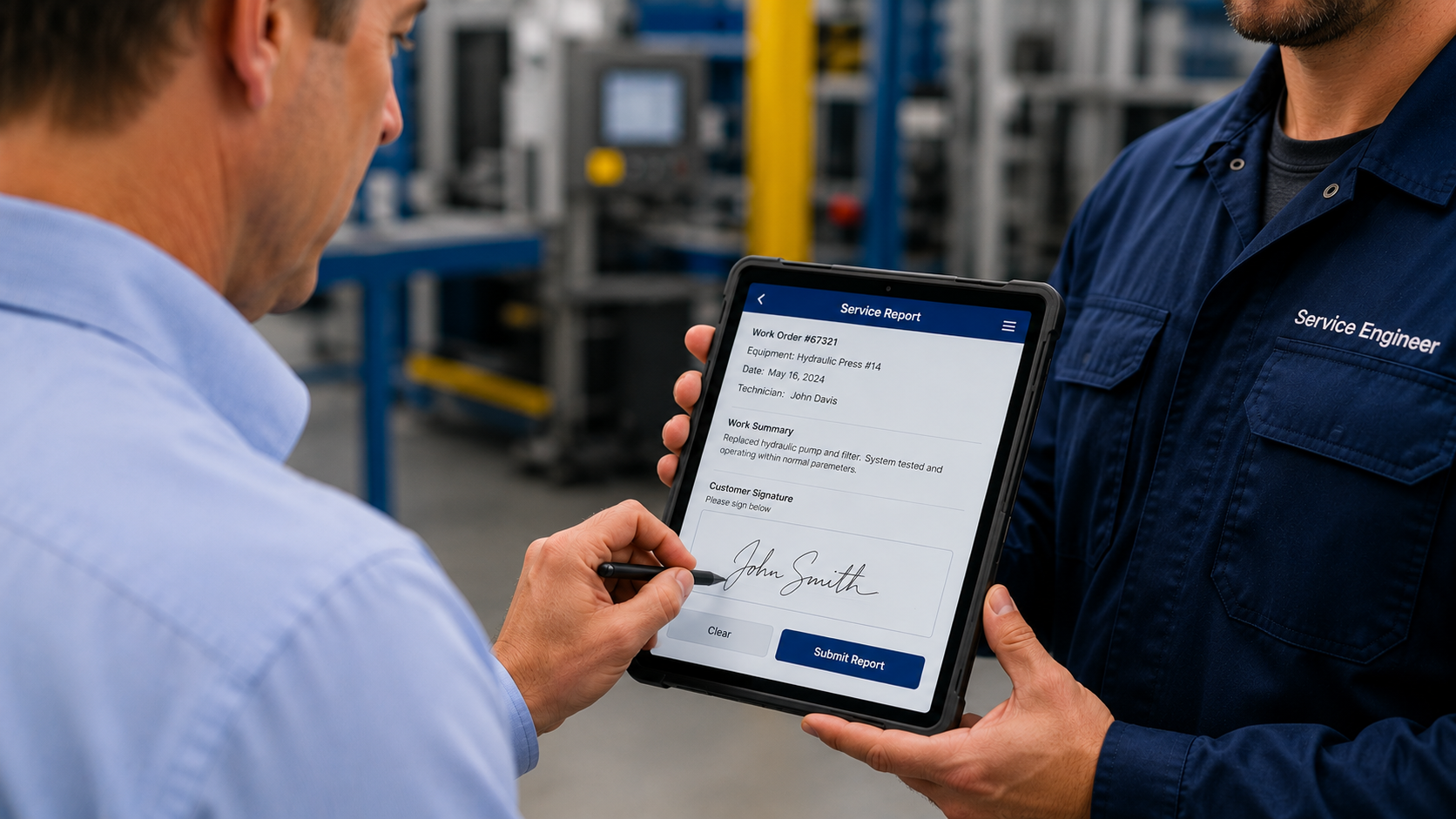 Customer signing a digital service report on a tablet on site, captured as completion proof and attached to the work order in SAP