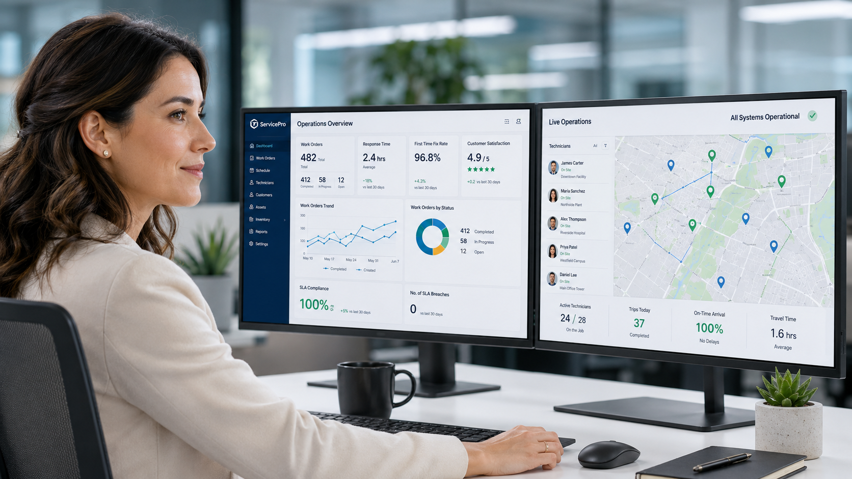 Real-time field service management dashboard showing open jobs, service status, and technician visibility