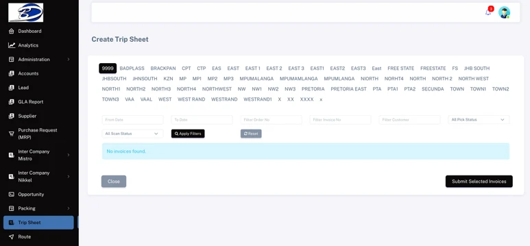 Screenshot of the Bethalia logistics module Create Trip Sheet screen for route planning, delivery tracking, and trip management with vehicle and order assignments