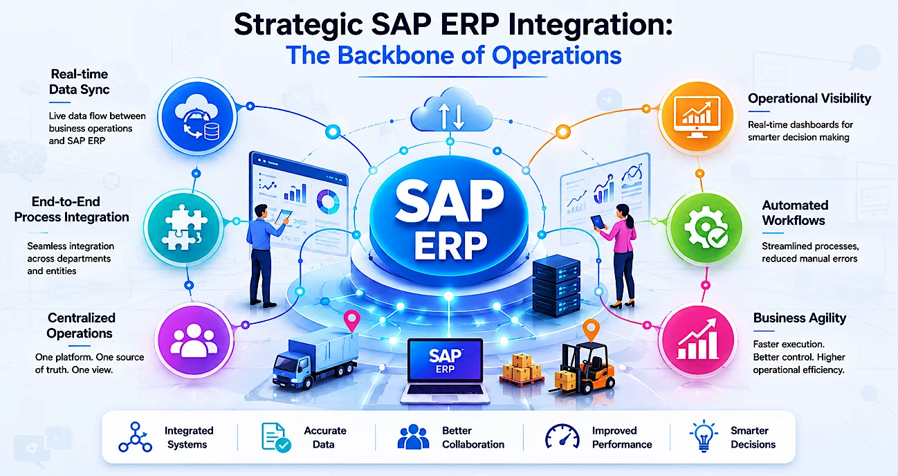 Infographic of Bethalia's strategic SAP ERP integration — SAP ERP as the backbone connecting real-time data sync, end-to-end process integration, and centralized operations with operational visibility, automated workflows, and business agility, underpinned by integrated systems, accurate data, better collaboration, improved performance, and smarter decisions