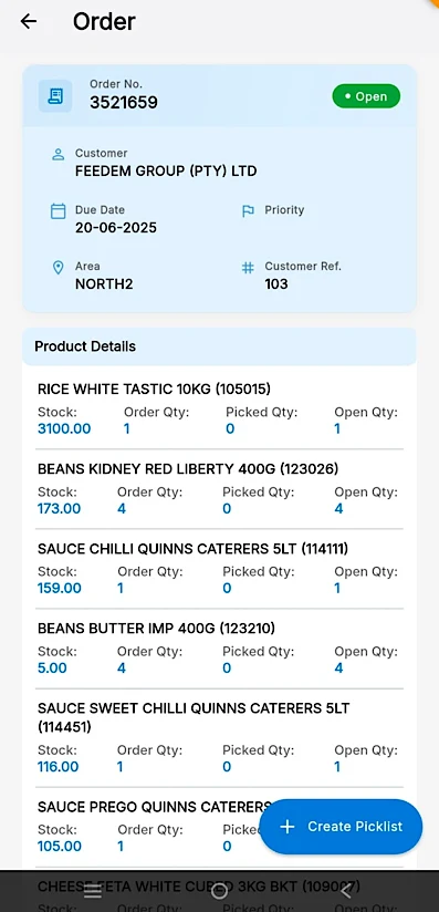 Screenshot of the Bethalia warehouse mobile app Order screen showing customer, due date, area, and product details with picked and open quantities for barcode-based picking on the warehouse floor