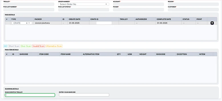 Screenshot of the Bethalia Scan Bay warehouse picking and packing console showing order lists, barcode-based item validation, quantity checks, and dispatch status connected with SAP ERP