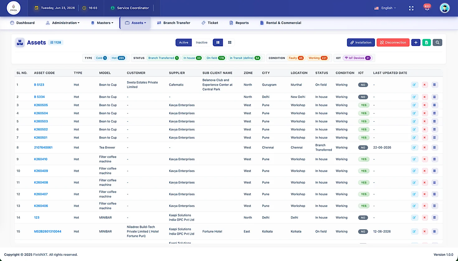 UpBuff Assets module for Dwija Food — a unified catalogue of 1,128 vending machines with an advanced filter matrix by type, status, condition, and IoT status, showing columns for asset code, model, customer, supplier, sub client name, zone, city, location, status, condition, IoT, and last updated date