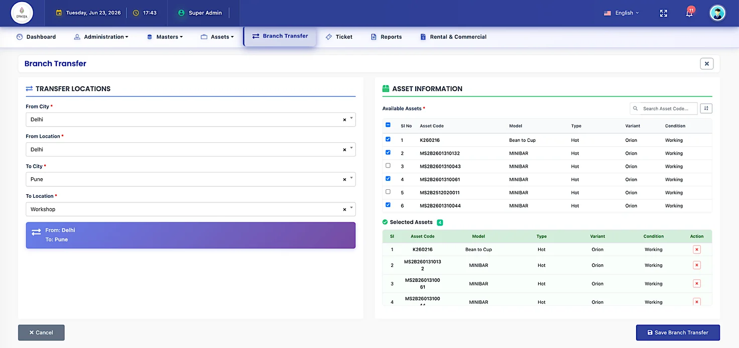 UpBuff Branch Transfer module for Dwija Food showing transfer locations from Delhi to a Pune workshop, an available-assets list with checkboxes, and a locked selection of assets with model, type, variant, and condition ready to save as a branch transfer