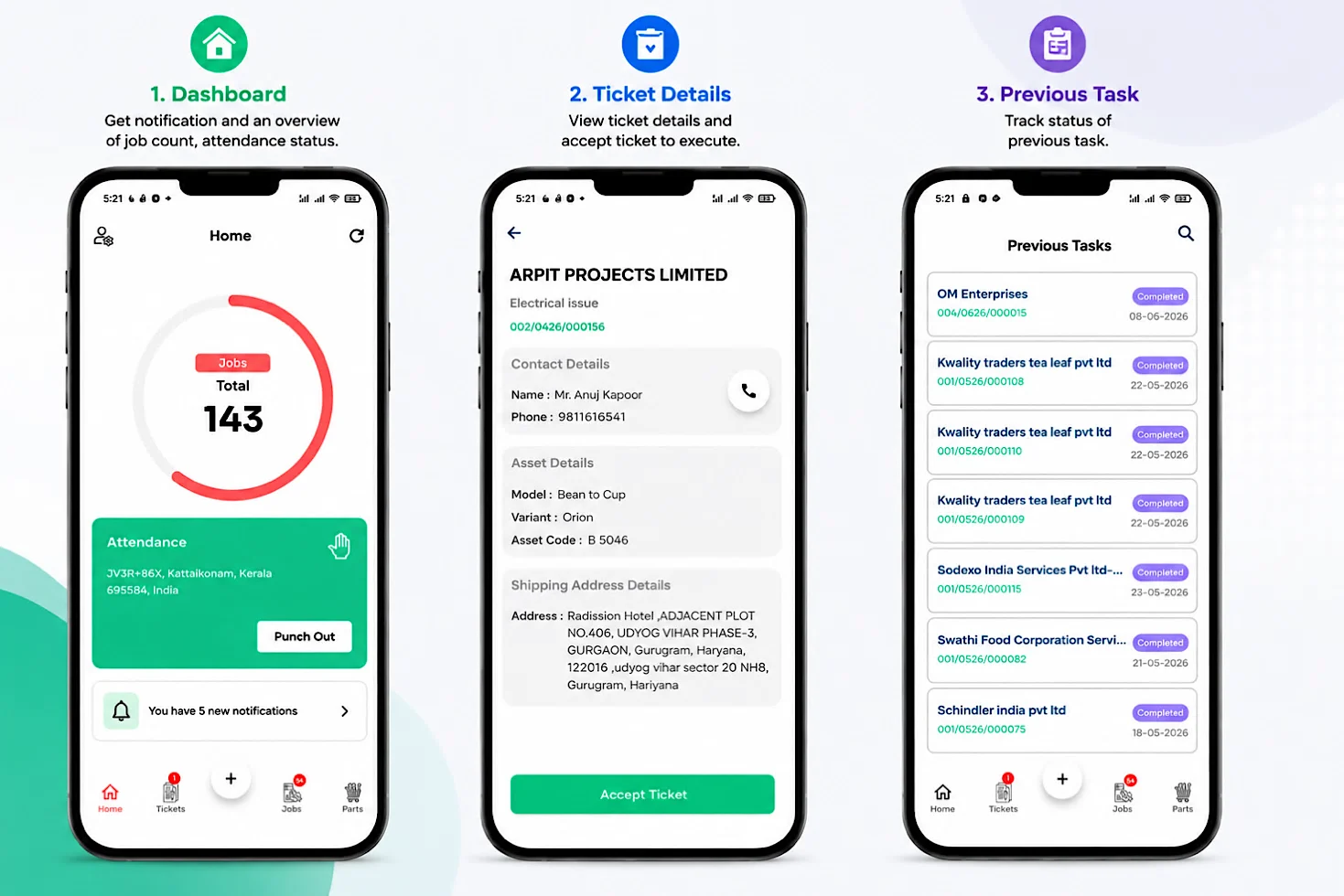 UpBuff dual-role field engineer mobile app for Dwija Food showing three screens — 1. Dashboard with job count and attendance punch-out, 2. Ticket Details for ARPIT Projects Limited with contact, asset, and shipping details and an Accept Ticket button, and 3. Previous Tasks list showing completed jobs