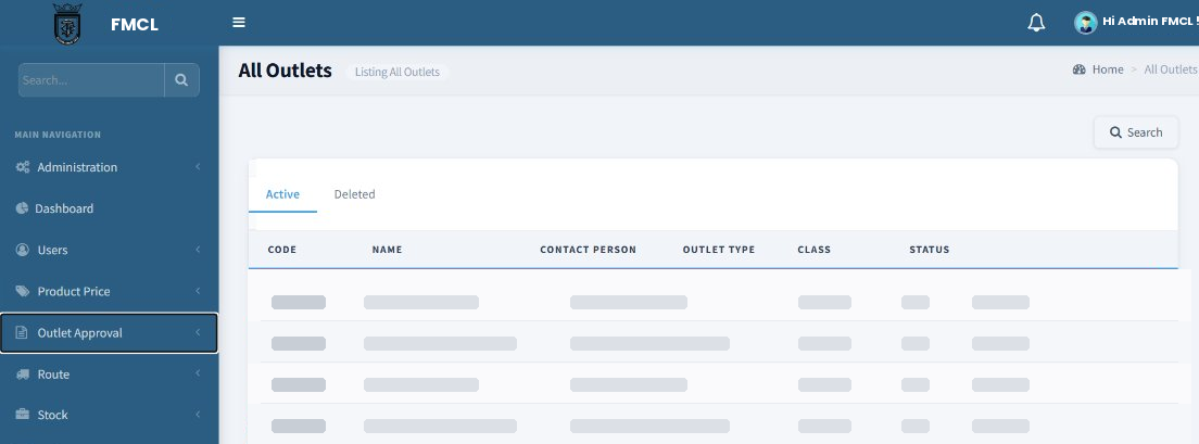 FMCL Ghana admin portal — All Outlets listing screen with sub-distributor records showing code, name, contact, outlet type, class, and status columns