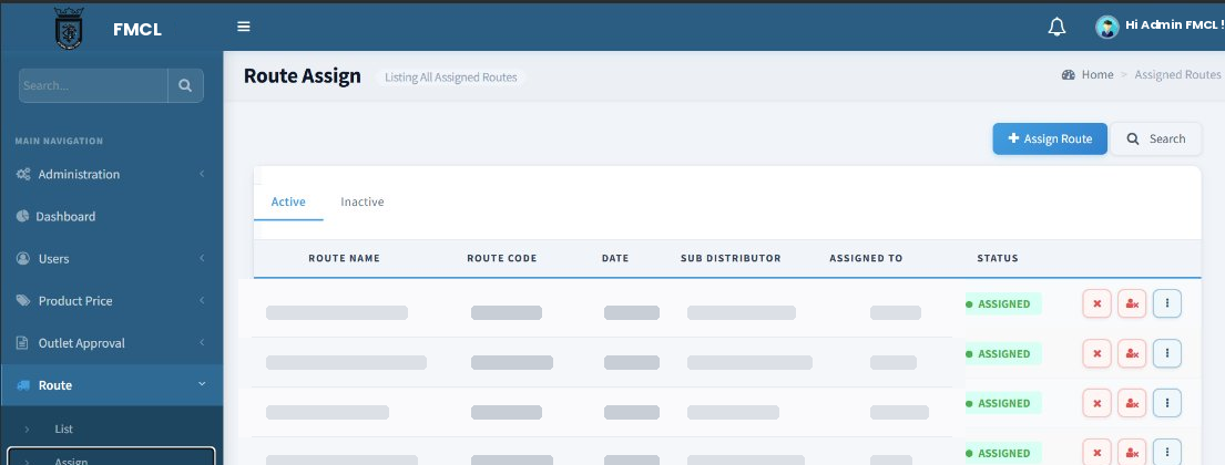 FMCL Ghana admin portal — Route Assign screen showing assigned distribution routes by sub-distributor with status indicators