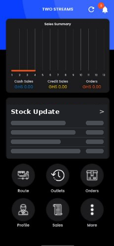 FMCL Ghana van sales mobile app on the TWO STREAMS delivery route — daily sales summary in Ghanaian cedi (cash sales, credit sales, orders), stock update widget, and route/outlets/orders navigation