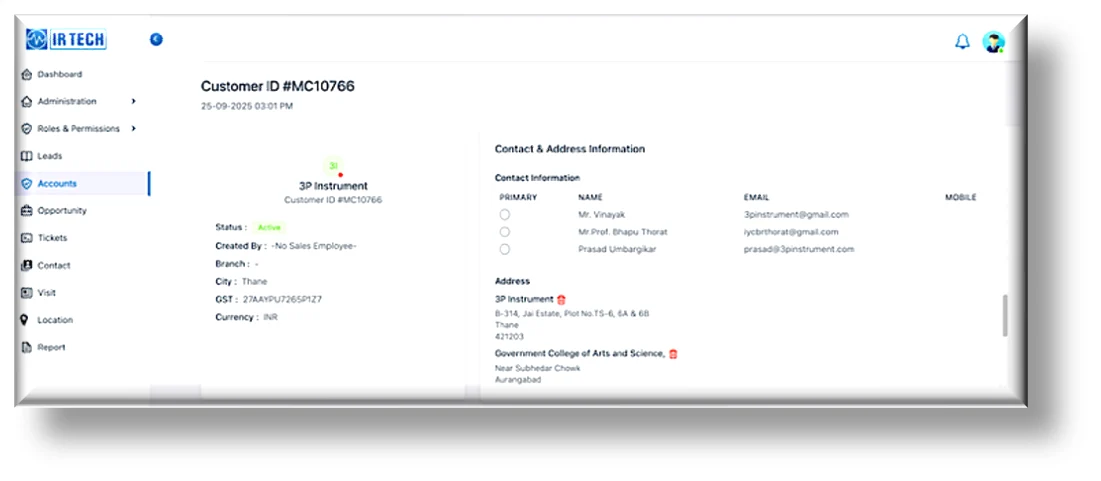 IR Tech account detail view on the web portal — showing customer contact and address information pulled from SAP for a single account