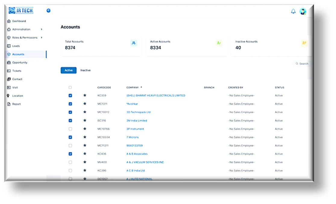 IR Tech Accounts list on the web portal — a consolidated, read-only view of all customer accounts managed in SAP with active and total account counts