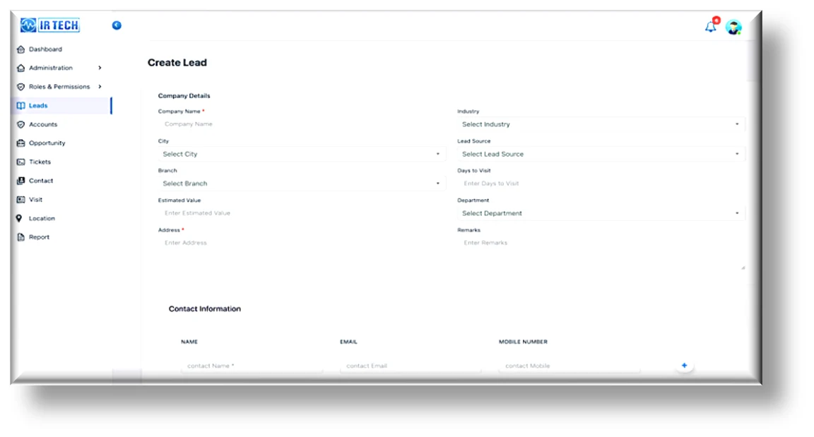 IR Tech Create Lead form on the web portal — capturing company details, department, lead source, and contact information for instant lead entry during client visits