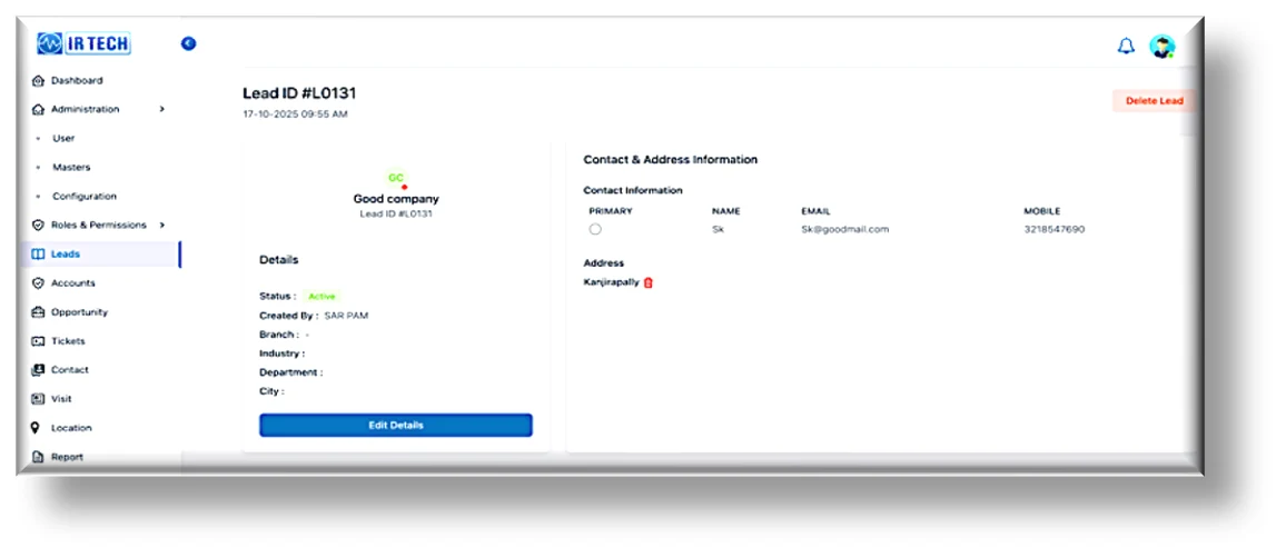 IR Tech lead detail view on the web portal — showing lead status, contact and address information, and department for a single lead record