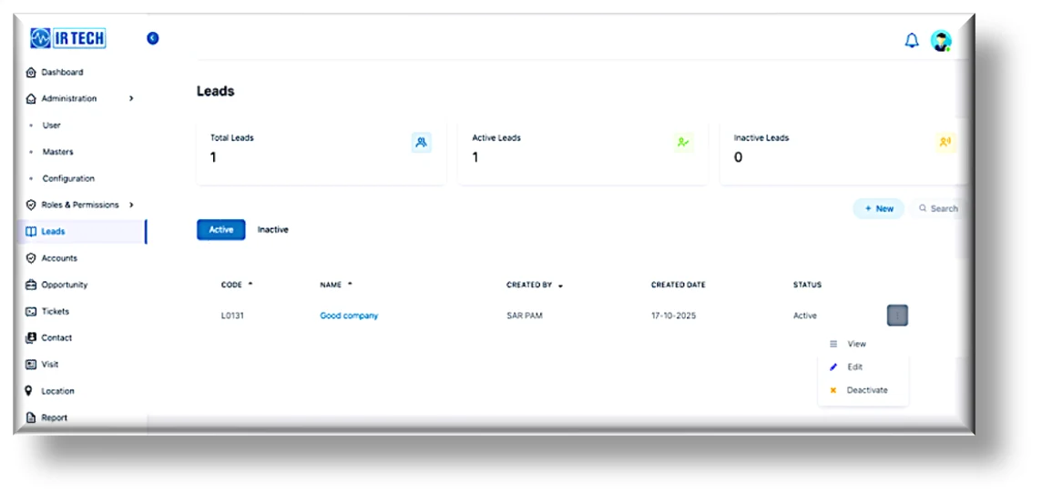 IR Tech Leads list on the web portal — showing total leads, active leads, and pending leads with company, source, created-by, and status columns
