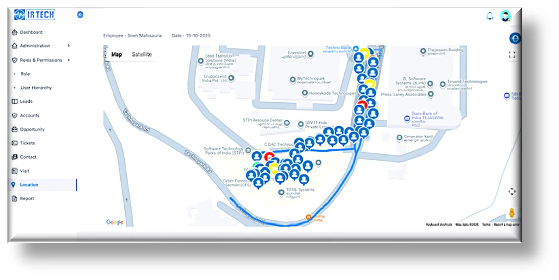 IR Tech portal location tracking — a map view plotting field engineer visit locations and routes for a service day