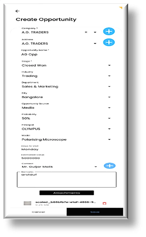 IR Tech Create Opportunity form on the mobile app — capturing company, industry, stage, probability, source, product, and contact with attachment support