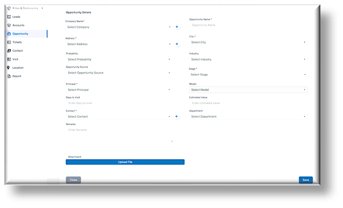 IR Tech Create Opportunity form on the web portal — with dropdown fields for company, contact, industry, stage, source, probability, and document attachments