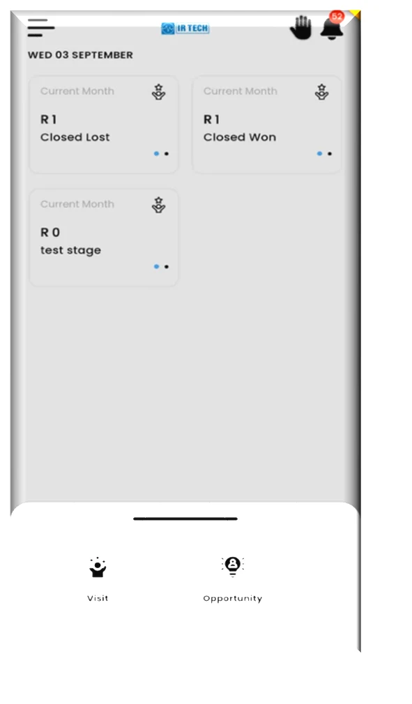IR Tech Opportunity stages on the mobile app — showing Closed Lost, Closed Won, and test-stage counts by date