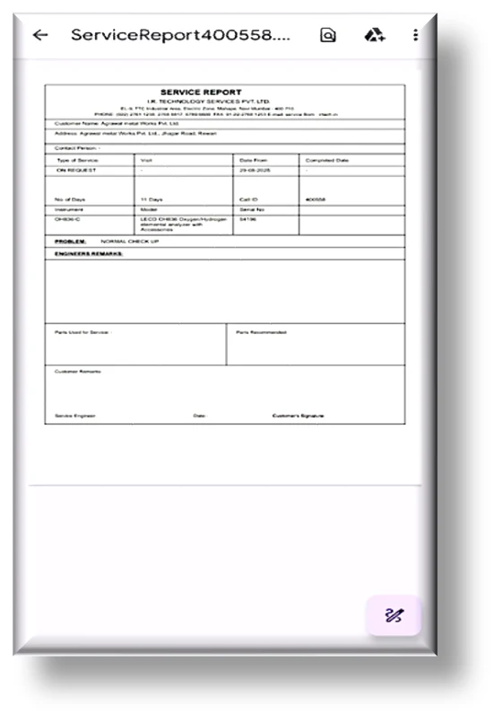 IR Tech printable service report generated from the mobile app — detailed service information, actions taken, and customer acknowledgment for audits