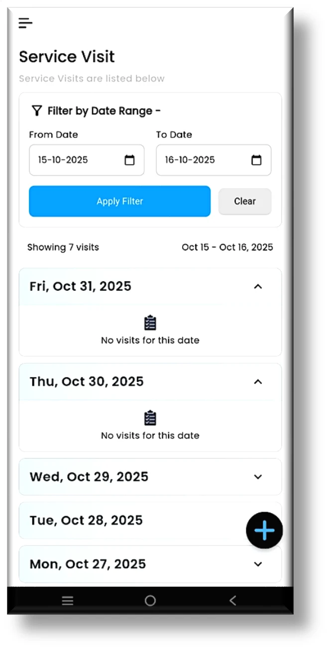 IR Tech Service Visit screen on the mobile app — filtering service visits by date range and listing visits by day with check-in details