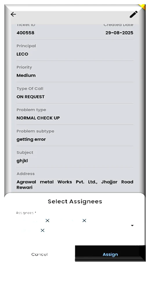 IR Tech Select Assignees screen on the mobile app — assigning a single ticket to multiple service engineers simultaneously