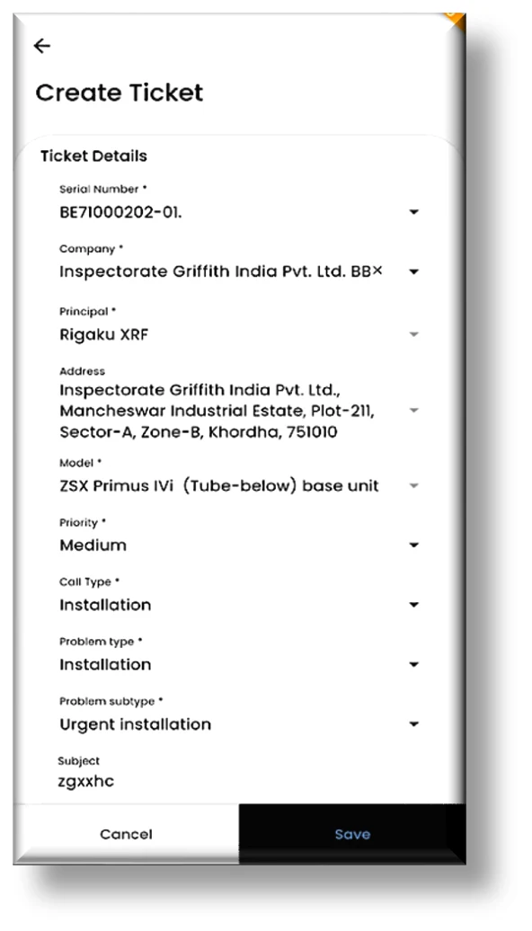 IR Tech Create Ticket screen on the mobile app — serial number, company, principal, model, call type, priority, problem type, and subject fields
