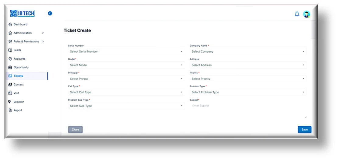 IR Tech Ticket Create form on the web portal — capturing serial number, customer, company, model, call type, and problem details for a new service ticket