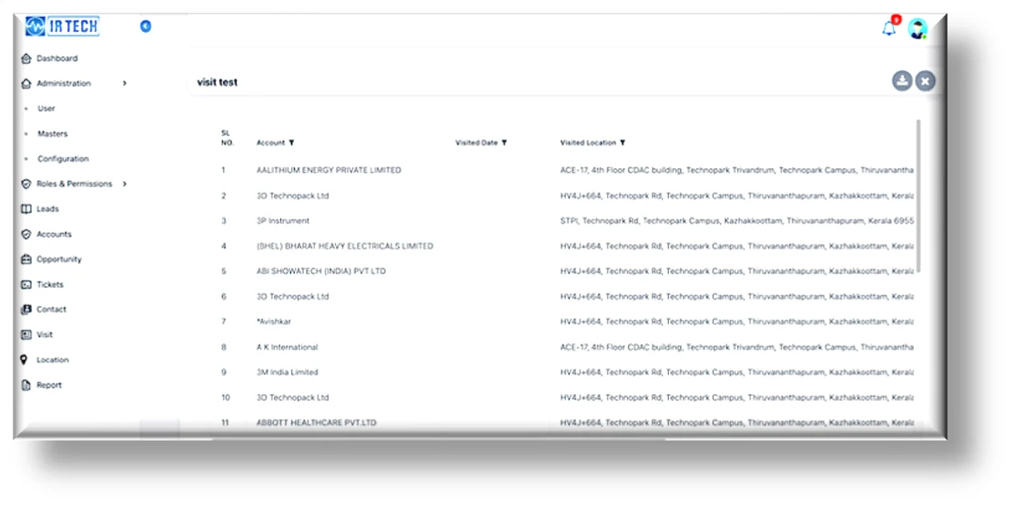 IR Tech portal ticket execution report — a consolidated web view of completed service tickets with customer, engineer, and activity details