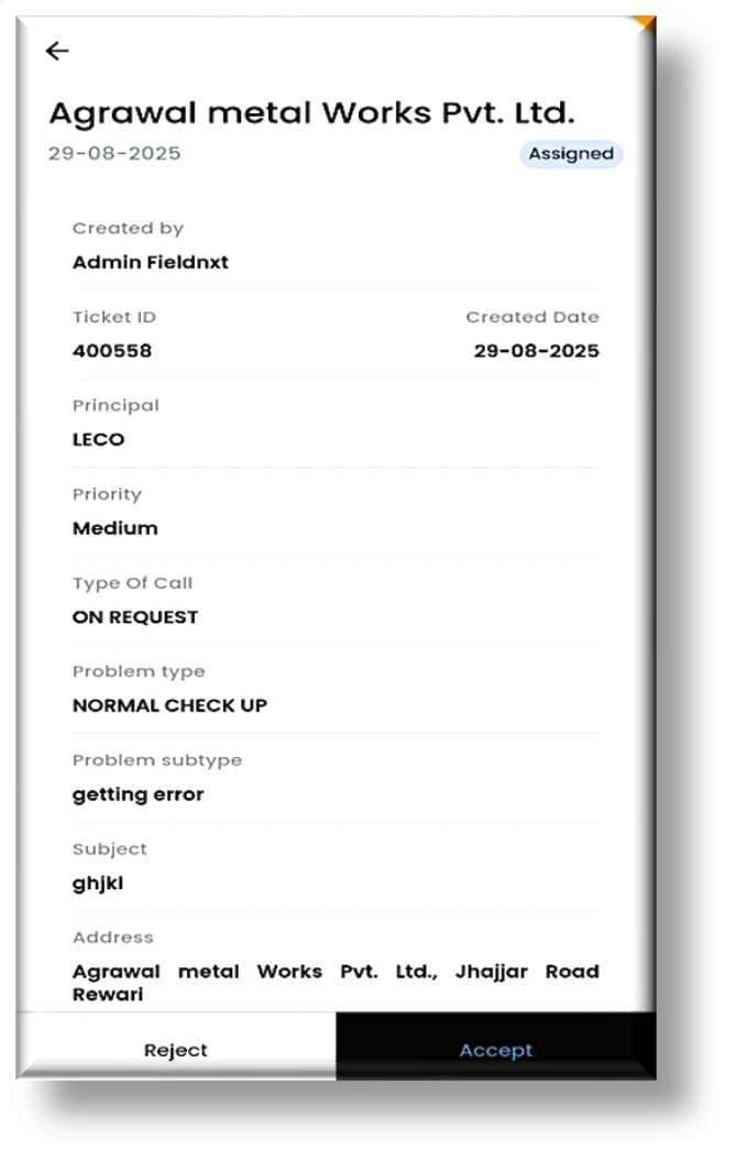 IR Tech ticket execution flow step 1 — an assigned ticket for Agrawal Metal Works with Accept and Reject options on the mobile app