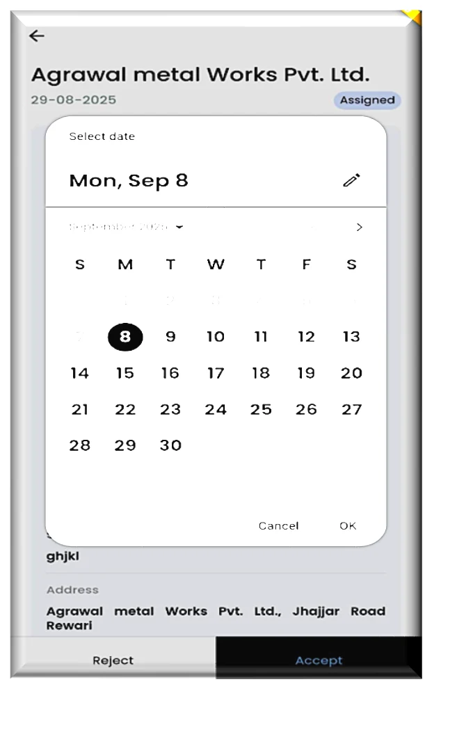 IR Tech ticket execution flow step 2 — scheduling a visit date via the in-app calendar on the mobile app