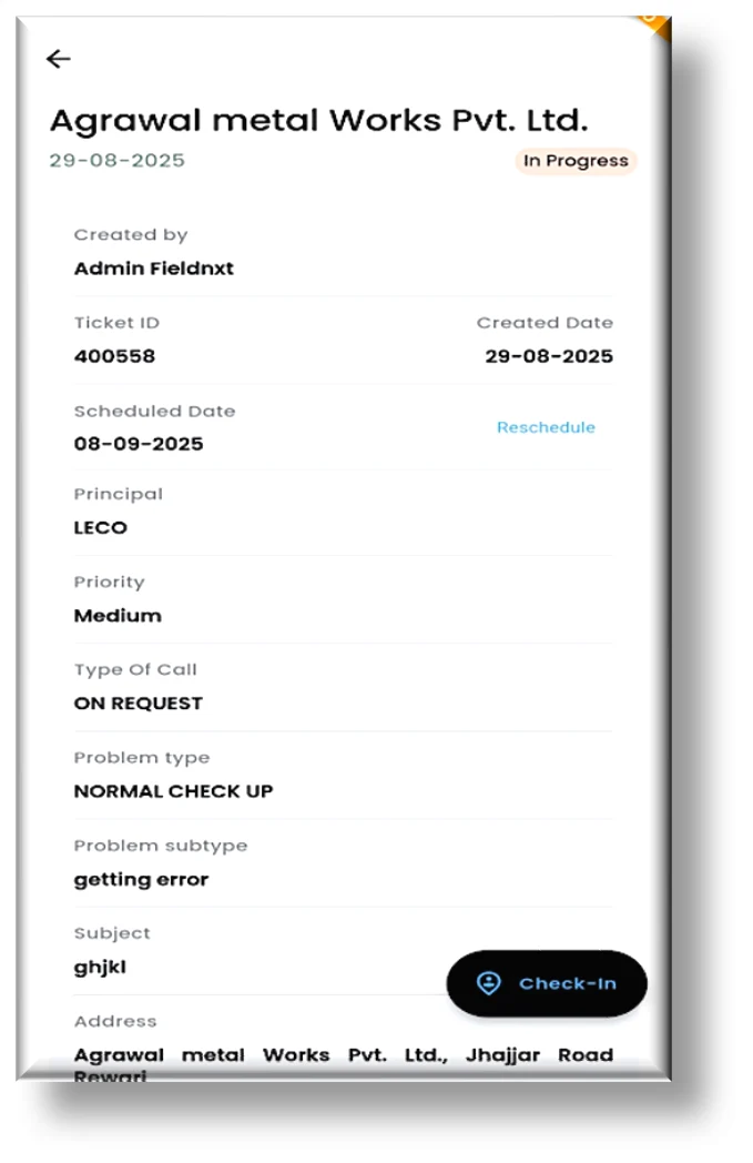 IR Tech ticket execution flow step 3 — the ticket now In Progress with a Check-in button on arrival at the customer site