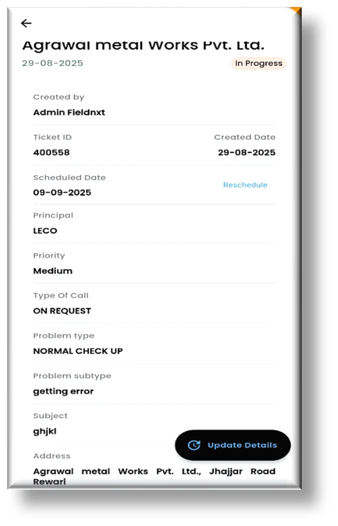 IR Tech ticket execution flow step 4 — the in-progress ticket with an Update Details option to record service work