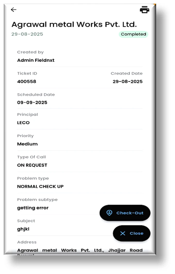 IR Tech ticket execution flow step 6 — the completed ticket with Check-Out and Close options after finishing the service