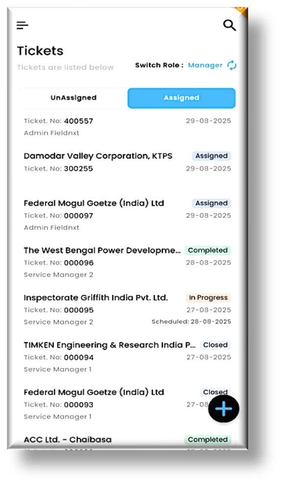 IR Tech Tickets list on the mobile app — Unassigned and Assigned tickets with a Switch Role toggle between Manager and Engineer