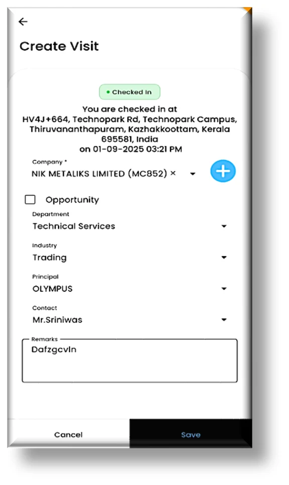 IR Tech visit check-in screen on the mobile app — showing geo-tagged check-in at the customer location with visit stages