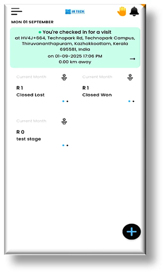 IR Tech Create Customer screen on the mobile app — capturing company name, address, and contacts directly during a field visit