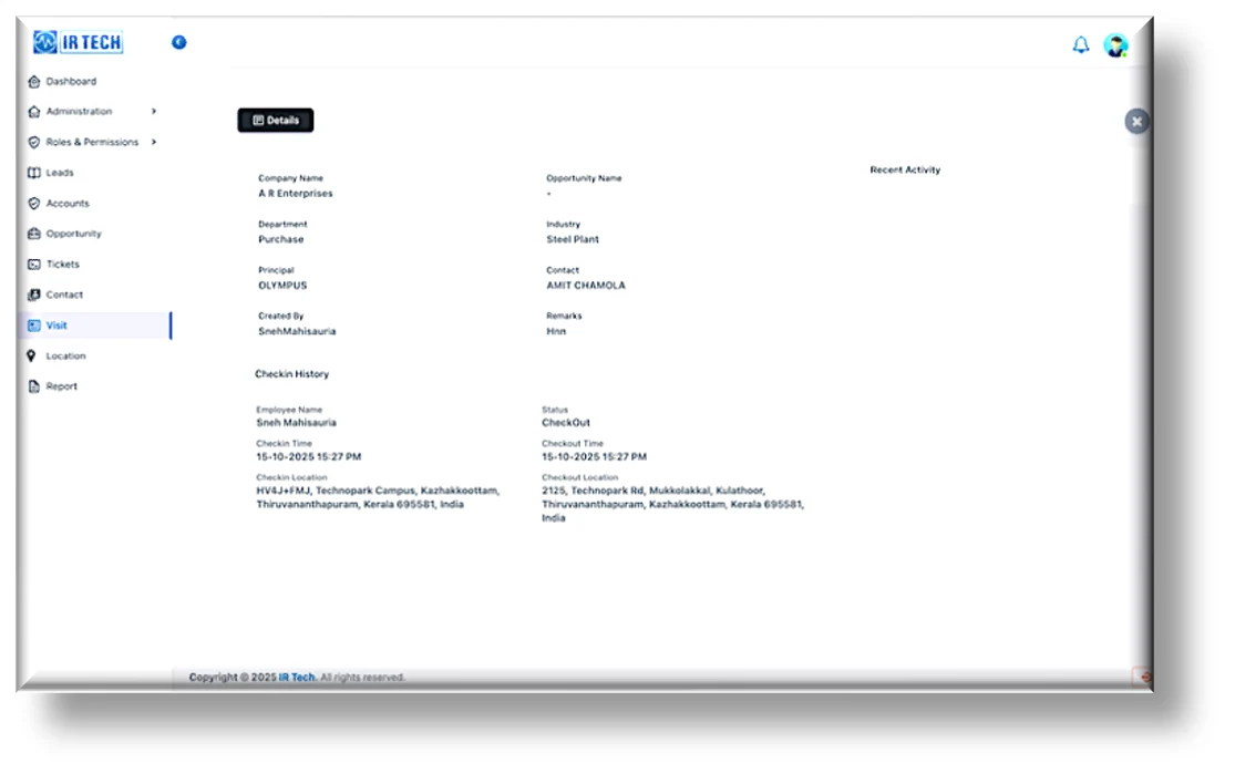IR Tech visit detail dashboard on the web portal — showing company information, opportunity, principal, electronics and recent activity for a customer visit